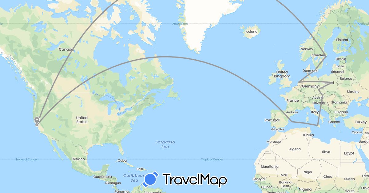 TravelMap itinerary: driving, plane in Austria, Czech Republic, Germany, Denmark, Spain, Italy, Netherlands, Poland, Sweden, United States (Europe, North America)